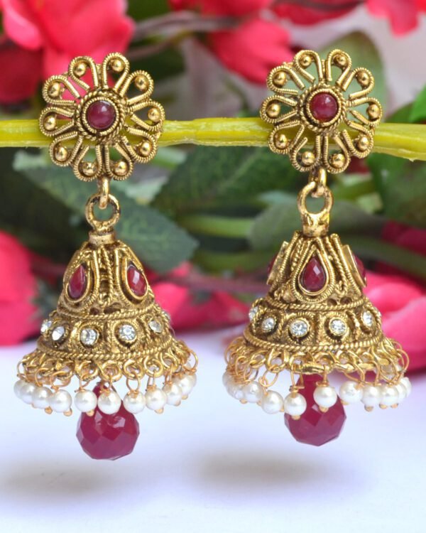 pink beads jhumka earrings