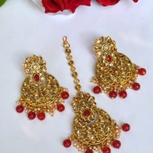 red beads maang tikka & earring set