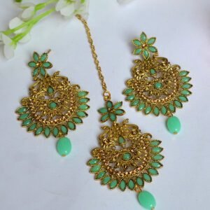 green color maang tikka & earring set