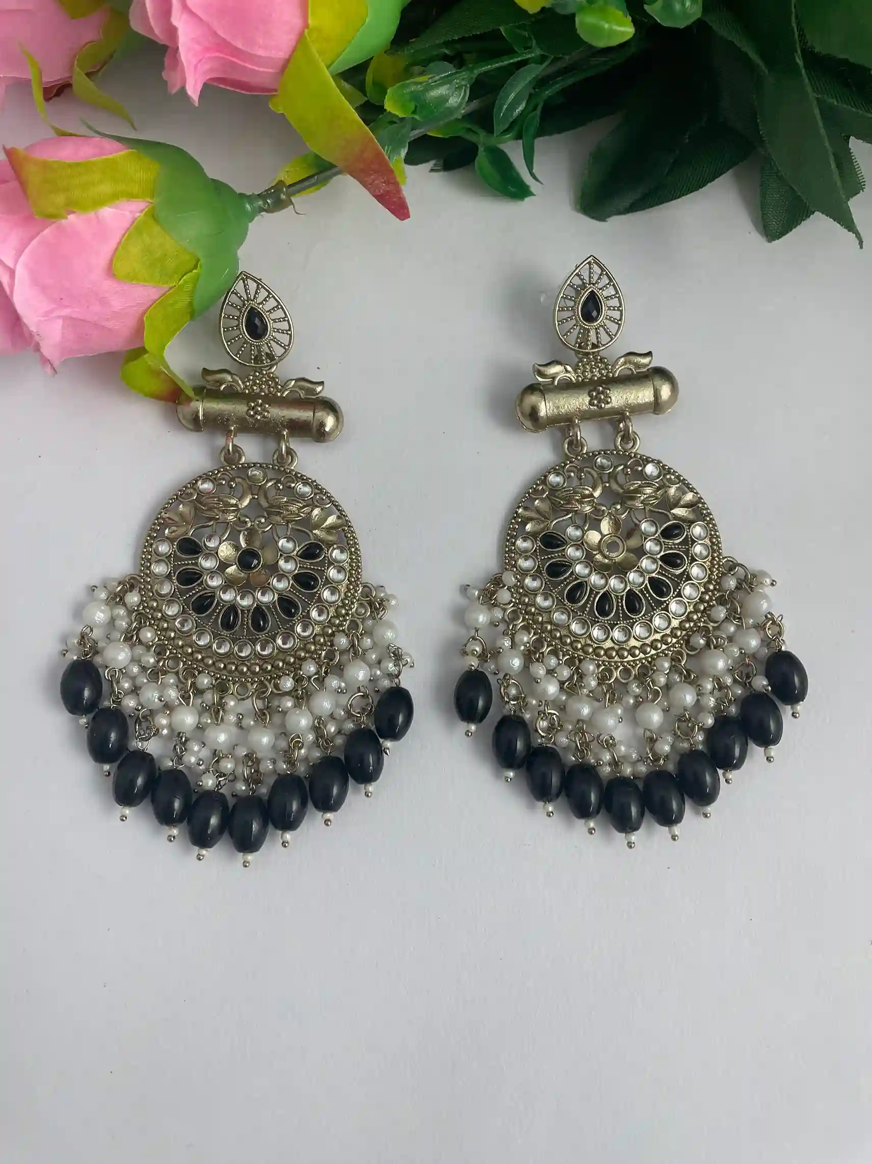 Dangler chandbali earrings black with hangings and pearl maatal – Prashanti  Sarees