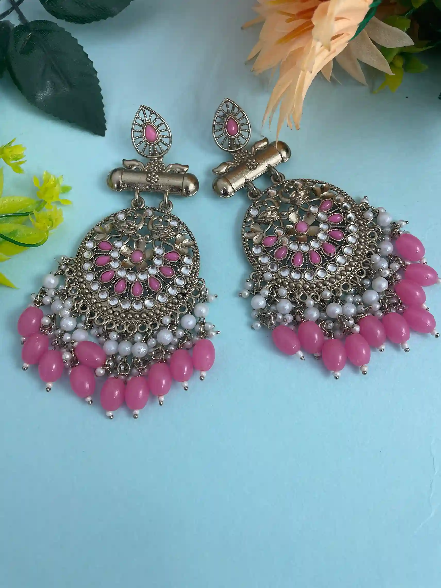 Pink Color Kundan Earrings